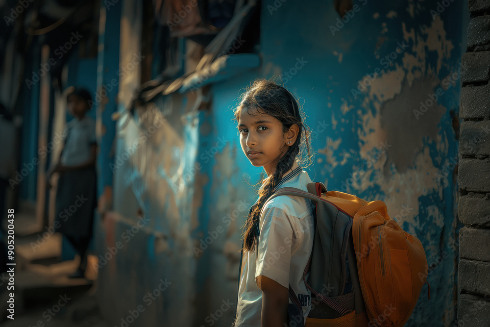 Naklejka premium indian school girl with backpack