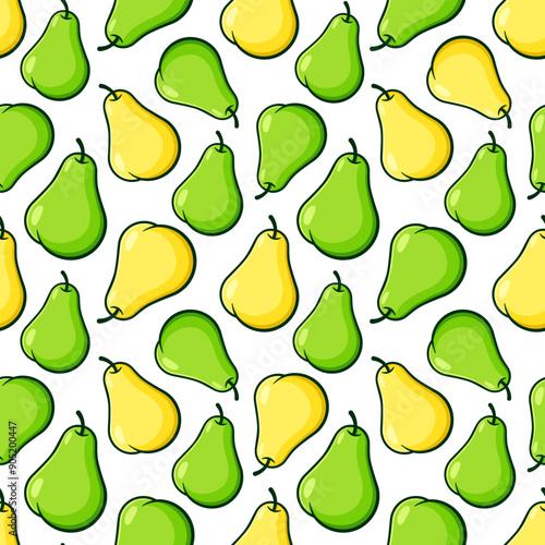 Pears vector seamless pattern. Greena and yellow fruits with black outline on white background.