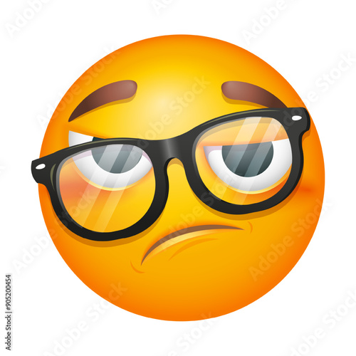 Tired emoji in eyeglasses. Overworked emoticon on white background. Cute emoticon