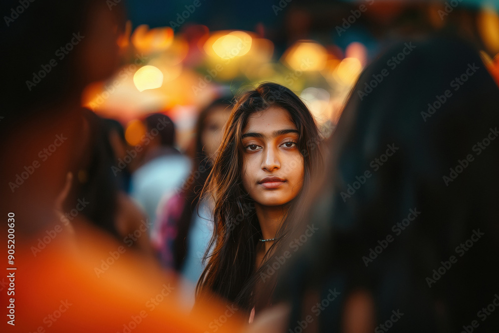 Young Indian woman looking at the camera, standing out from the crowd Young Indian woman looking at the camera, standing out from the crowd