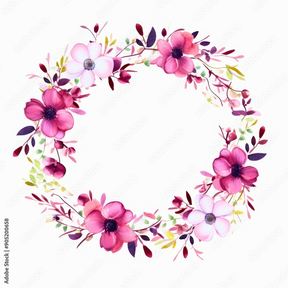 Fototapeta premium A beautiful, hand-painted floral wreath featuring pink and purple flowers, perfect for invitations and decorative designs.