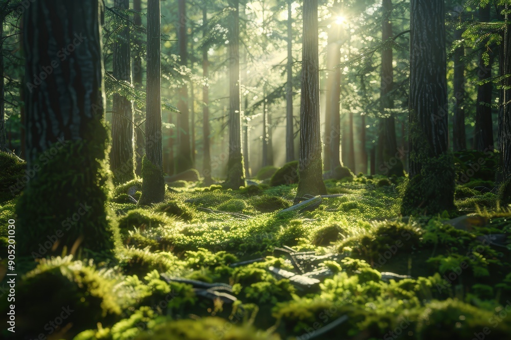 Fototapeta premium Sunbeams Filtering Through a Mossy Forest Floor