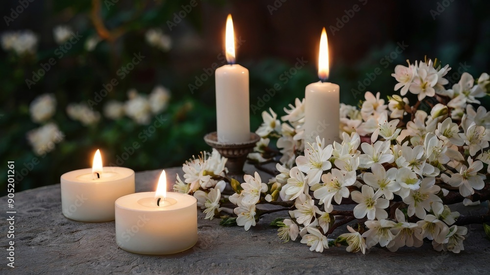 Lit candles surrounded by white flowers Lit candles surrounded by white flowers