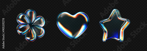 3d glass icon - heart, star, flower with refraction and holographic effect isolated on dark background. Render transparent glass shape with dispersion light, rainbow gradient. 3d vector morphism