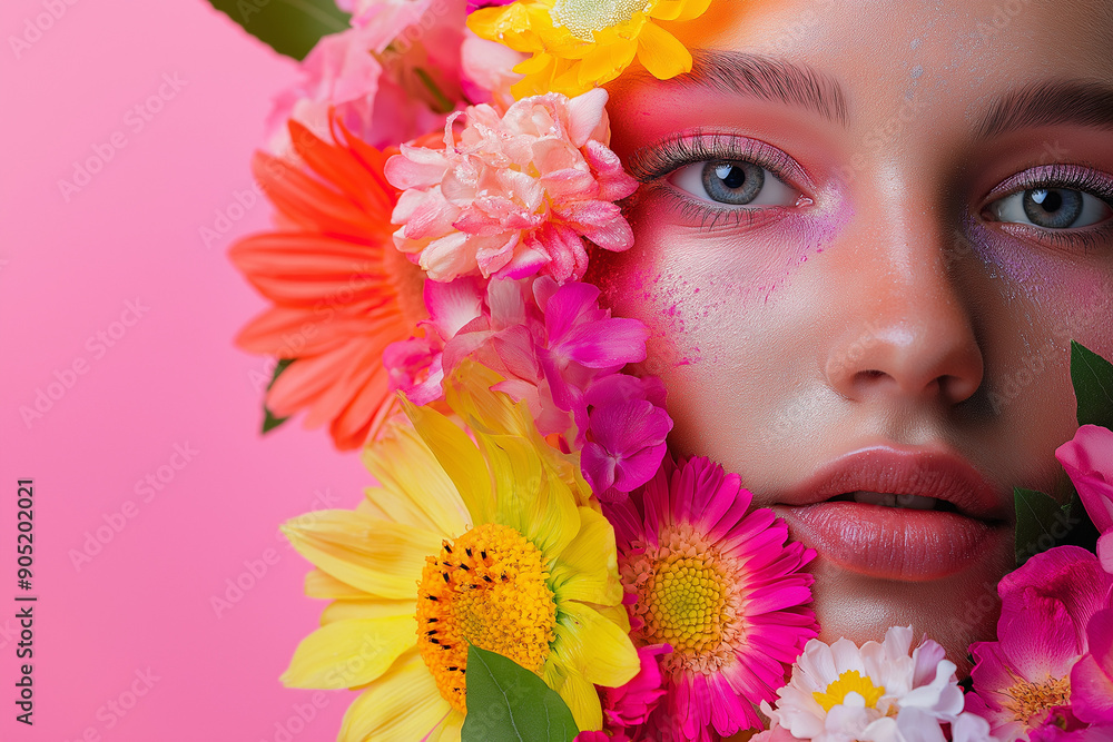 Flowers adorning the face and body of a young, beautiful girl. This abstract portrait highlights the essence of spring Flowers adorning the face and body of a young, beautiful girl. This abstract portrait highlights the essence of spring