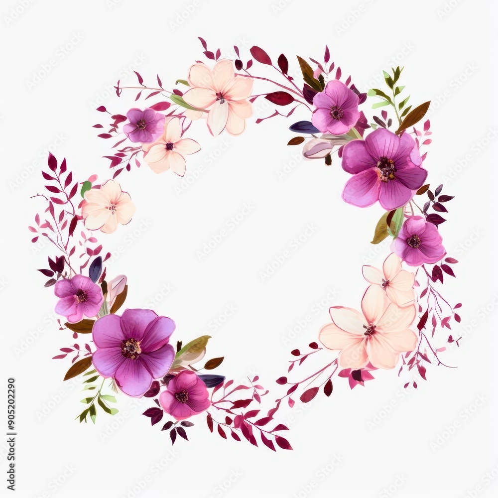 Beautiful floral wreath featuring pink and purple blossoms, perfect for decor, invitations, and seasonal designs. Beautiful floral wreath featuring pink and purple blossoms, perfect for decor, invitations, and seasonal designs.