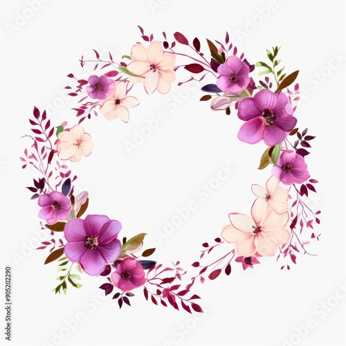 Beautiful floral wreath featuring pink and purple blossoms, perfect for decor, invitations, and seasonal designs. © Panuma