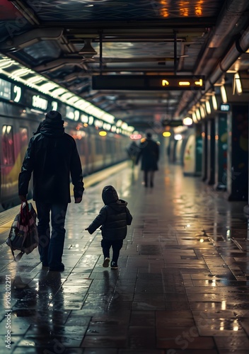 A Father and His Child Walking on a Subway Platform