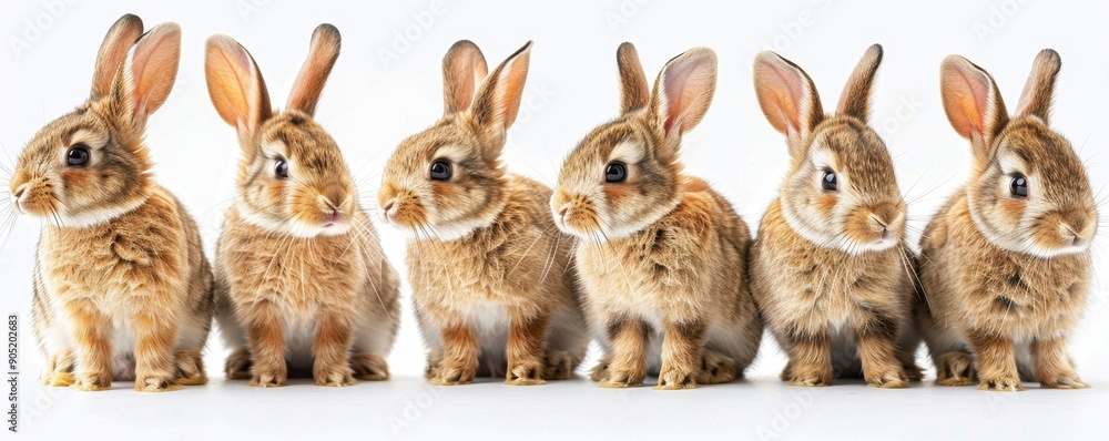 Fototapeta premium 6 different poses of rabbits standing up, white background, full body