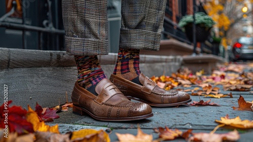 An autumn scene featuring a person standing on a leaf-covered path, wearing patterned socks and brown loafers, exuding a blend of style and comfort amidst fallen leaves. photo