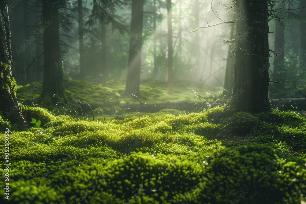 Obraz premium Sunbeams Illuminating a Moss-Covered Forest Floor