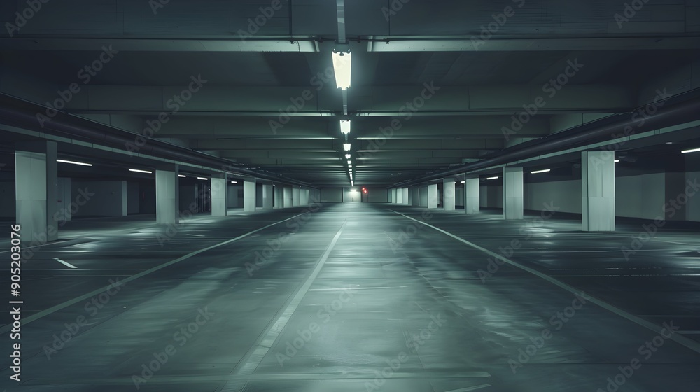 A large, empty parking garage with a long, straight road running through it. The road is lit up, creating a sense of emptiness and isolation A large, empty parking garage with a long, straight road running through it. The road is lit up, creating a sense of emptiness and isolation