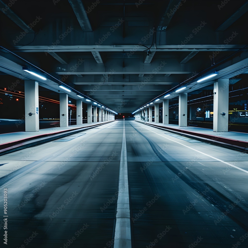 Obraz premium A large, empty parking garage with a long, straight road running through it. The road is lit up, creating a sense of emptiness and isolation 