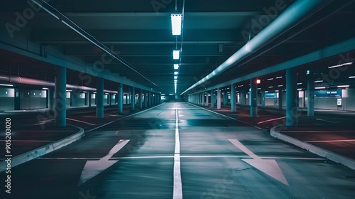 A large, empty parking garage with a long, straight road running through it. The road is lit up, creating a sense of emptiness and isolation 