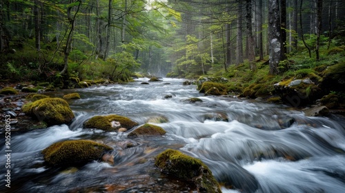 River cascading from a wild forest, moss-covered rocks in the foreground, creating a serene and natural setting.