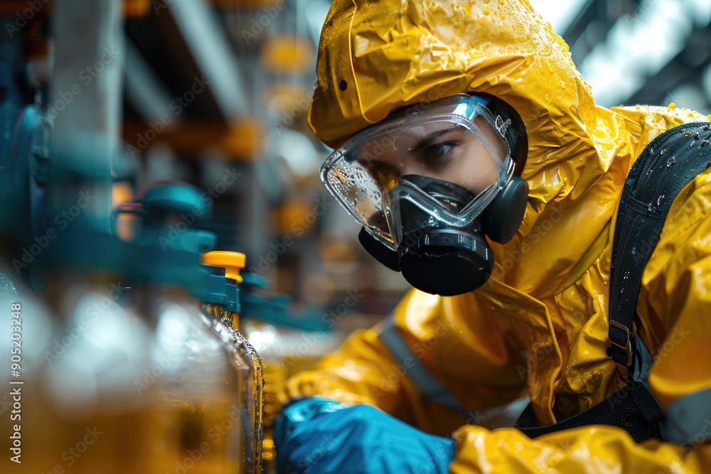 Employee protective gear mixing chemicals, demonstrating careful handling in factory
