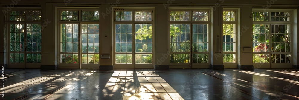 A large open room with a view of a garden. The room is empty and the sunlight is shining through the windows A large open room with a view of a garden. The room is empty and the sunlight is shining through the windows