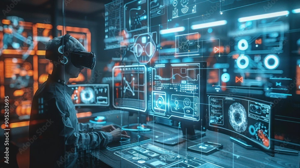 High-tech office with holographic display, VR headset and advanced robots High-tech office with holographic display, VR headset and advanced robots