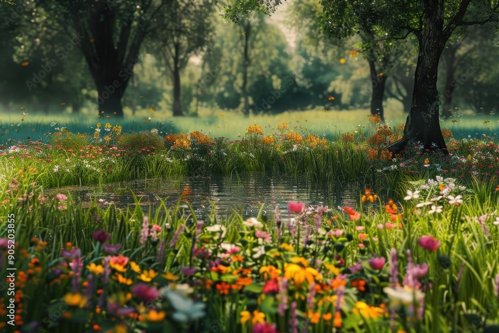 Fototapeta premium Lush Green Forest with Pond and Blooming Wildflowers