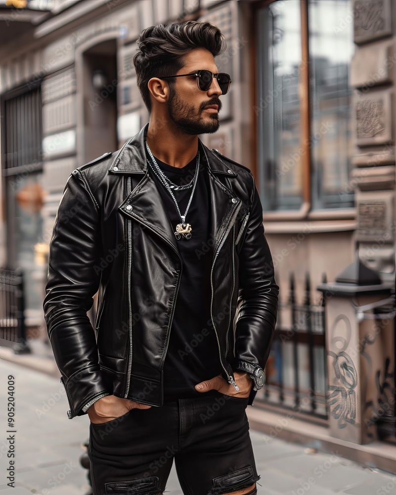 Stylish Man in Black Leather Jacket Walking Down Urban Street Stylish Man in Black Leather Jacket Walking Down Urban Street