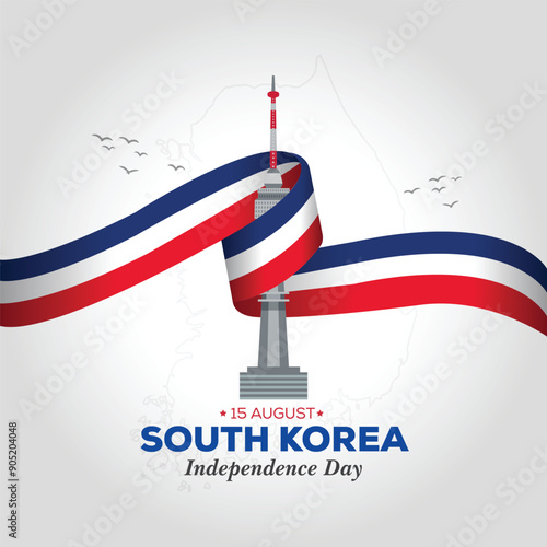 15 August celebration template or banner design with Korean national flags for South Korea independence day