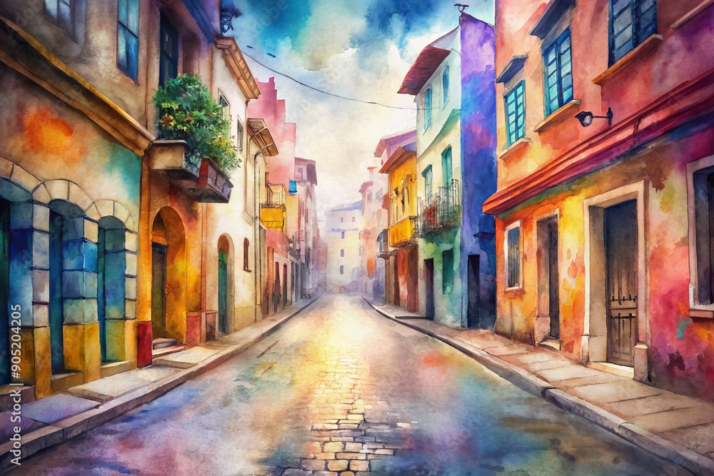 Fototapeta premium Vibrant urban scene captures empty streets and alleys, adorned with colorful graffiti, eclectic storefronts, and historic architecture, evoking a sense of adventure and discovery.