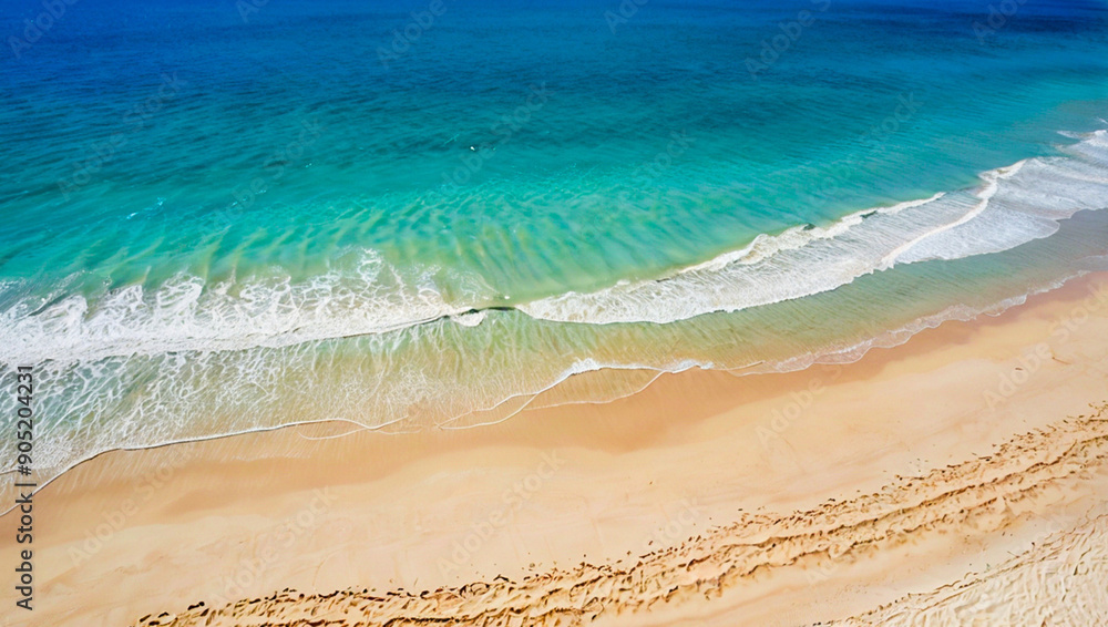 An aerial view reveals azure waves gently caressing a soft sandy beach. Clear, pristine water and rippling waves create a tranquil, picturesque scene of natural beauty and relaxation.
