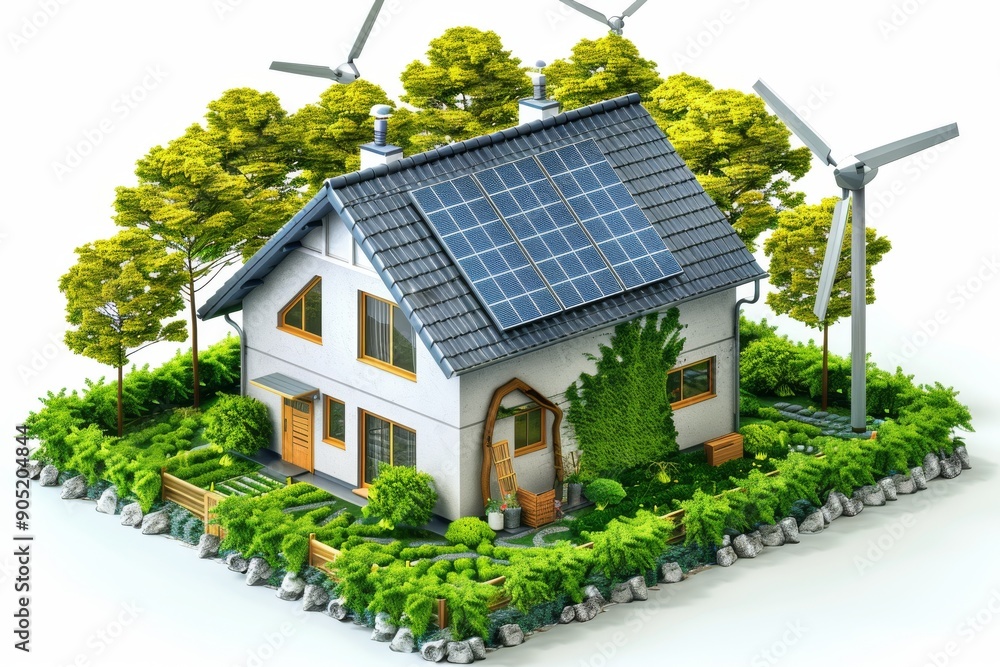 Sustainable living concept with solar panels and lush gardens, showcasing eco-friendly innovations. Sustainable living concept with solar panels and lush gardens, showcasing eco-friendly innovations.