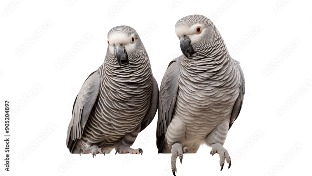 Fototapeta premium Two beautiful African grey parrots. Wildlife photography clip out.
