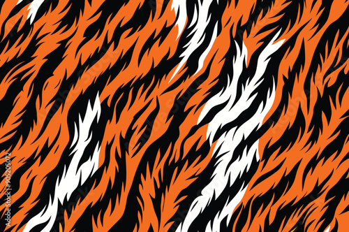 Tiger Fur Motif. Illustrate a seamless pattern featuring the iconic tiger stripes in vibrant orange, black, and white, suitable for wallpaper, fabric, and wrapping paper