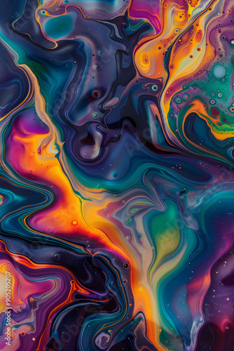 Iridescent Abstract Oil Slick Design Featuring Swirling Gradients of Vibrant Hues and Glossy Highlights