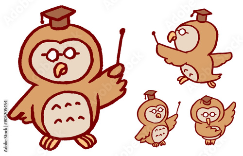 博士のような物知りでかわいいフクロウのキャラ素材