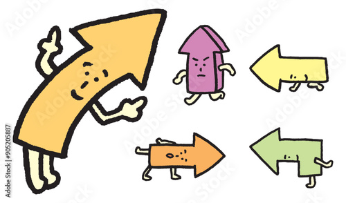 色んな方向を向くカラフルでかわいい矢印のキャラ素材