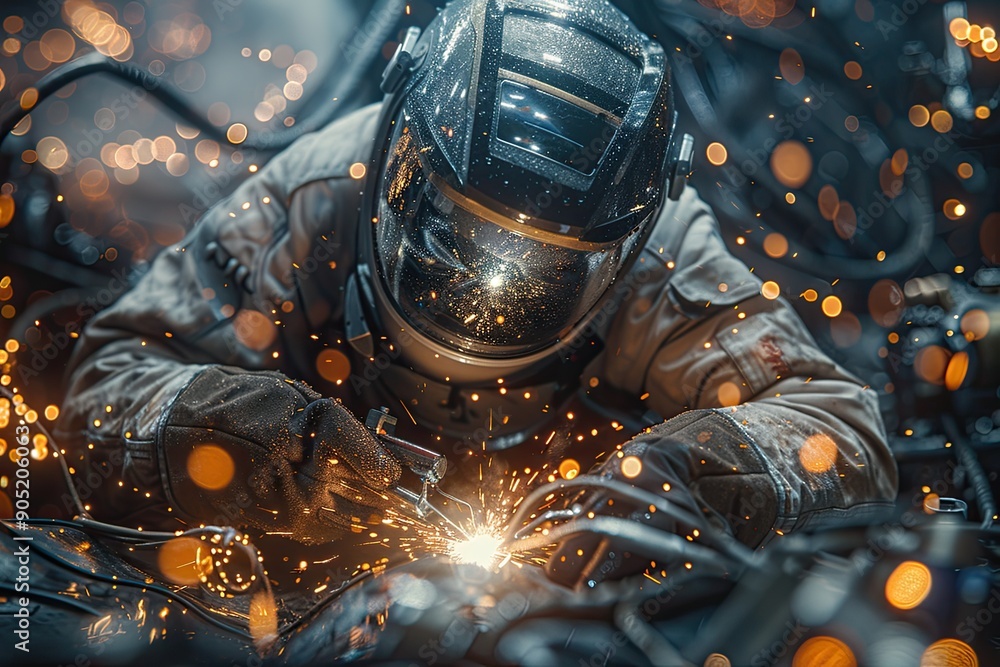 Fototapeta premium Worker factory grinder, sparks metal dynamic industrial setting