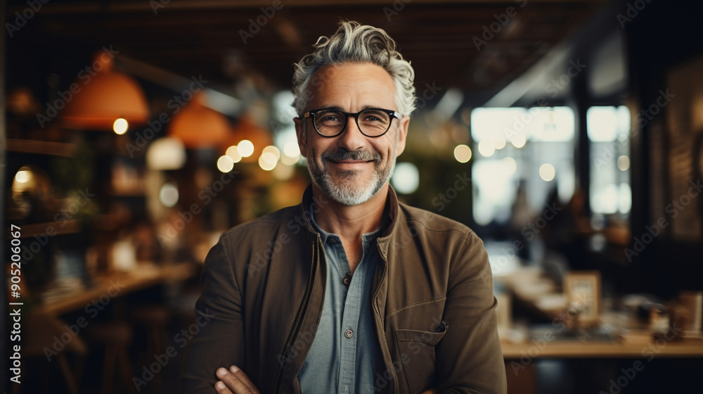 Mature businessman standing in a co-working space, photography. Mature businessman standing in a co-working space, photography.