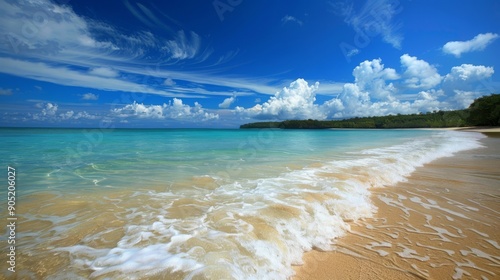 The beach has white sands, clear waters, and blue skies ideal for a relaxing sunfilled holiday photo