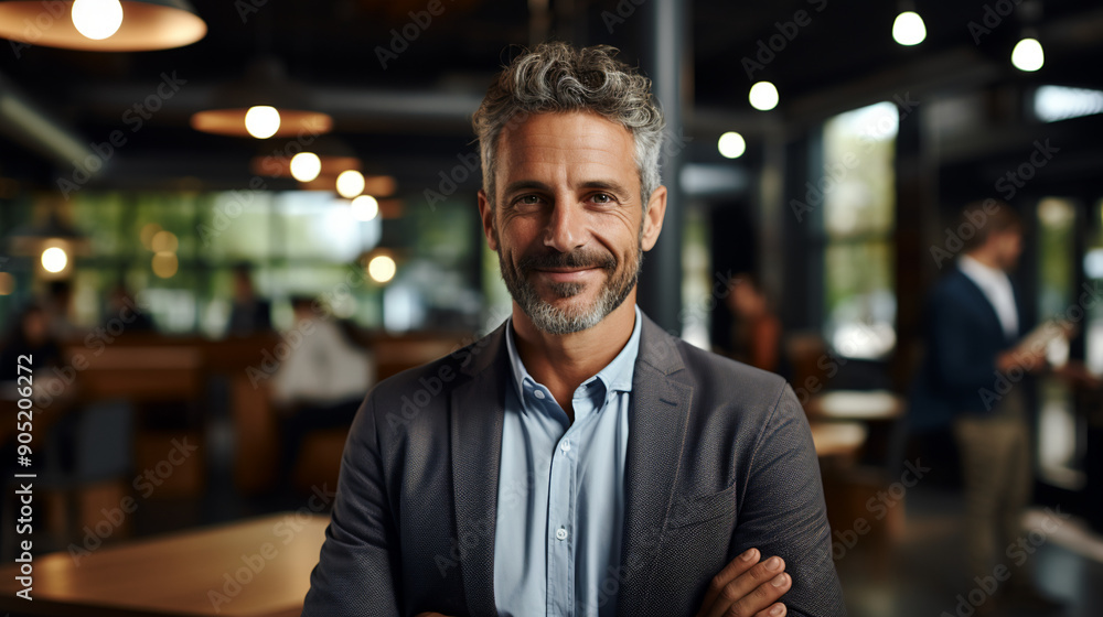 Mature businessman standing in a co-working space, photography. Mature businessman standing in a co-working space, photography.
