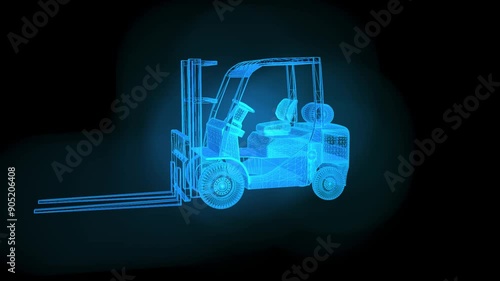 Rotating Wireframe Hologram of a Forklift on a Black Background