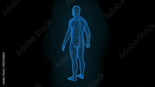 Rotating Wireframe Hologram of a Man on a Black Background