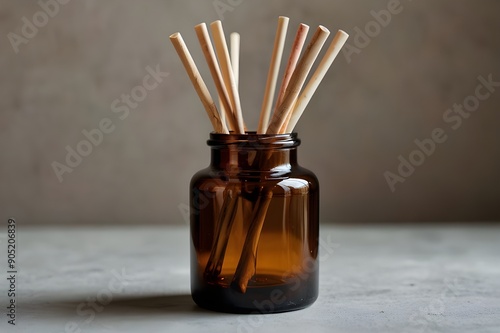 Brown glass essential oil diffuser container with wood sticks, cut out