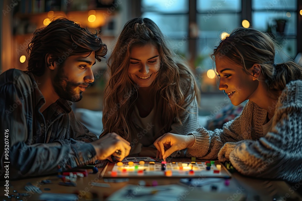 Fototapeta premium Friends playing a board game cozy living room, leisure and fun
