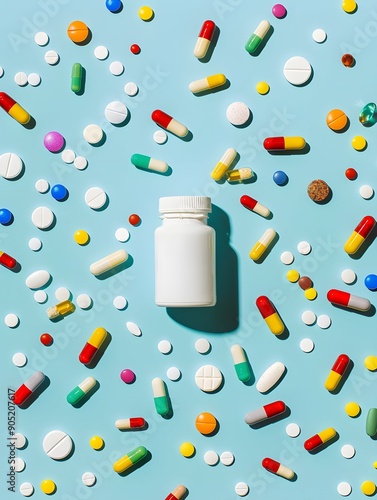 Assorted colorful pills and tablets scattered around an open medicine bottle on a blue background. This vibrant image highlights the variety and abundance of medications.