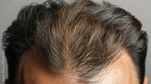 Close-up of male head with thinning hair, highlighting hair loss at the crown and hairline against a gray background.