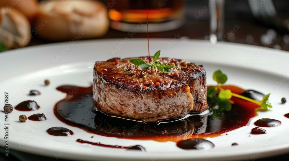 Tournedos Rossini Foie gras Black Angus beef tenderloin with red wine sauce Fillet mignon steak with Foie Gras Serving in the restauran Tournedos Rossini Foie gras Black Angus beef tenderloin with red wine sauce Fillet mignon steak with Foie Gras Serving in the restauran