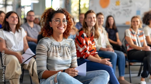 Smiling Woman Listening to a Presentation in a Conference Room