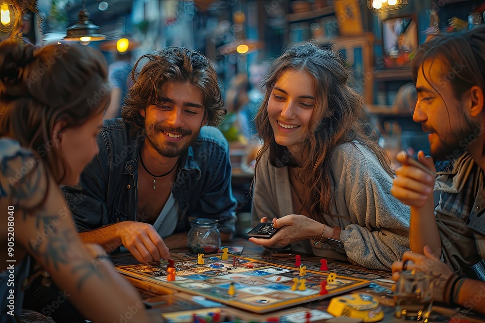 Fototapeta premium Friends playing a board game cozy living room, leisure and fun
