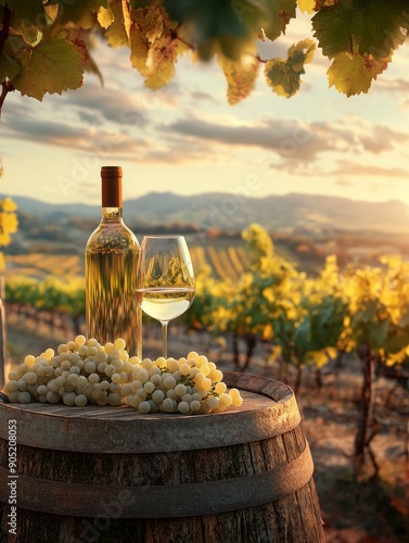A bottle of white wine and a wine glass are on a wooden barrel