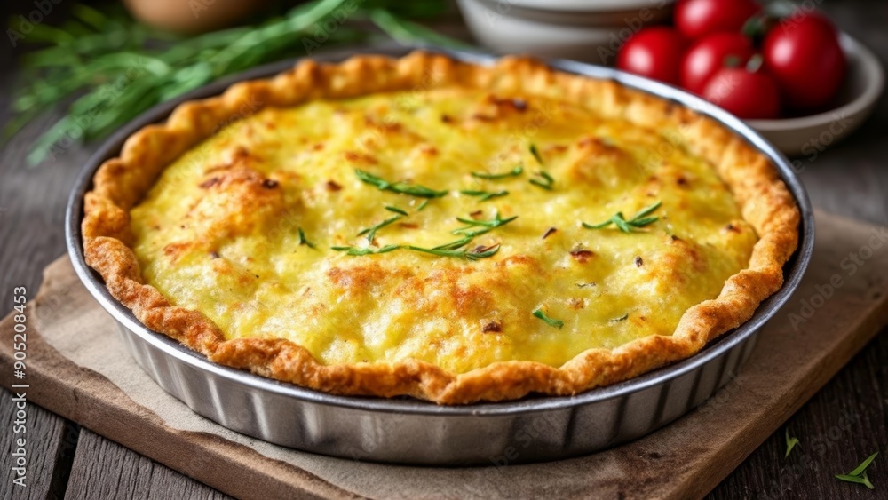 Delicious homemade quiche on rustic wooden table Delicious homemade quiche on rustic wooden table