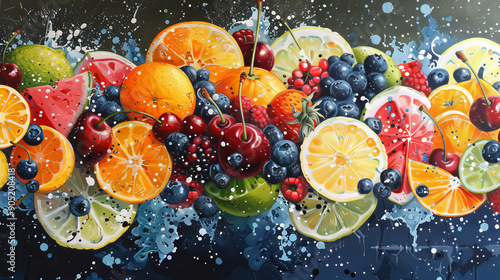 Fototapeta Naklejka Na Ścianę i Meble -  Exploding freshness of fruits: strawberries, raspberries and orange slices surrounded by water spray. The bright colors of the fruits on a dark background emphasize their richness and juiciness.