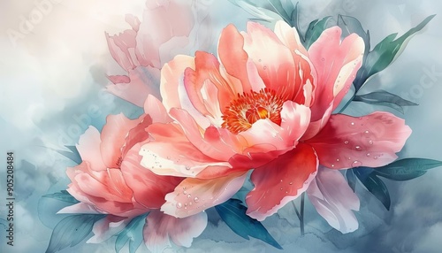 Fototapeta Naklejka Na Ścianę i Meble -  Beautiful watercolor painting of pink and red peonies with green leaves, showcasing delicate petals and vibrant colors on a soft background.